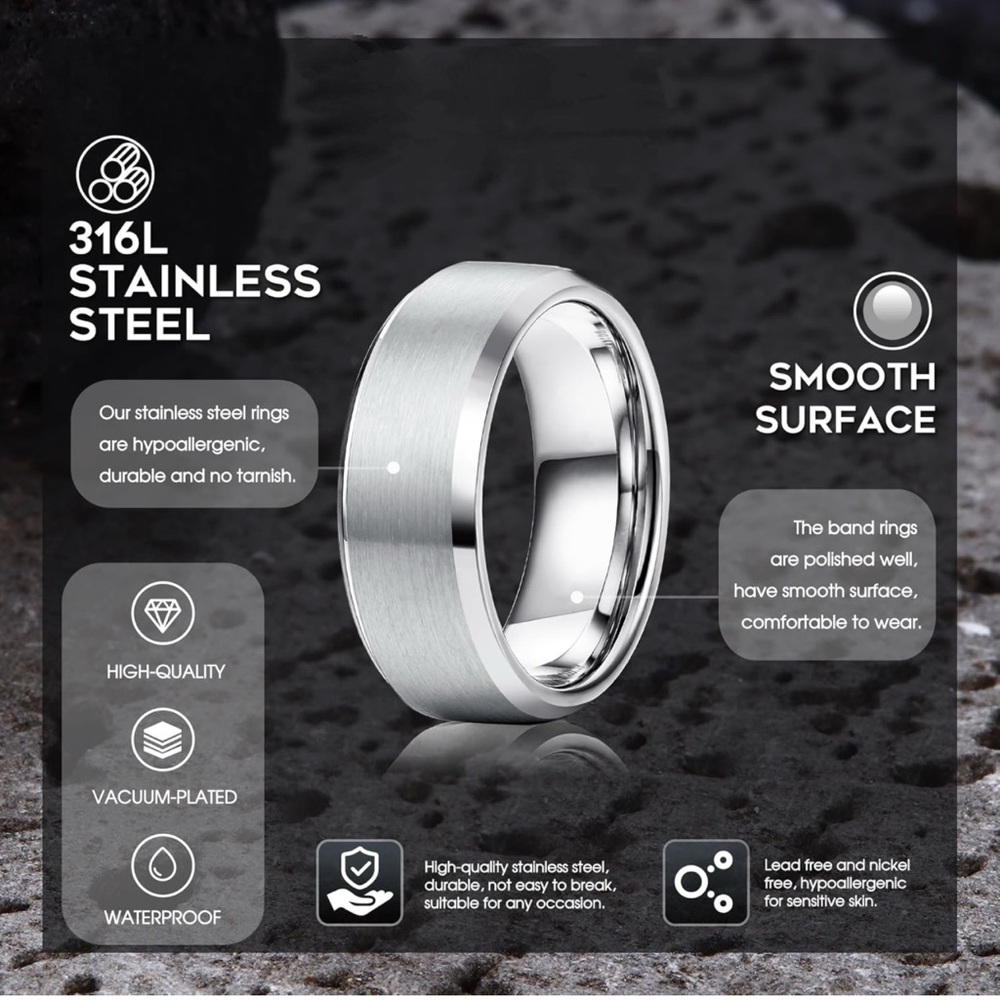 Men’s Stainless Steel Wedding Bands 8MM, 3Pcs Set - Picture 4 of 9